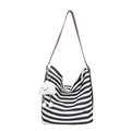 Sac fourre-tout rayé en toile avec lanières en cuir marron et pendentif nuage blanc - Bleu Foncé (avec pendentif)