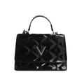 Quilted black patent leather handbag with metal V-logo and top handle for women - Black