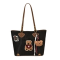 Sac fourre-tout noir rétro avec patchs d'oursons mignons et poignées en cuir marron - Avec Pendentif / Noir