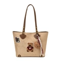 Sac fourre-tout kaki avec broderie d'ours, charme en peluche et anses en cuir - Avec Pendentif / Blanc Cassé