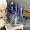 Elegant dark blue silk-like embroidered scarf with silver trim and floral patterns - 74.8*27.5inch / Navy Blue