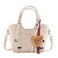 Creamy beige faux leather tote bag with brown plush bear charm and crossbody strap - With Pendant / Off White