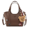 Dark brown pebble leather tote bag with plush bear charm and detachable strap - With Pendant / Brown