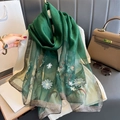 Elegant dark green silk satin scarf with floral embroidery and metallic silver edges - 74.8*27.5inch / Green