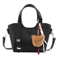 Black litchi grain leather tote bag with a brown bear charm and adjustable strap - With Pendant / Black