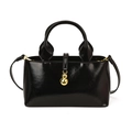 Schwarze glänzende Bucket-Bag im Retro-Stil mit Goldschnalle und verstellbarem Gurt - Schwarz