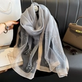 Light gray sheer scarf featuring white pearls, rhinestones, and camellia floral detail - 70*196cm / Gray
