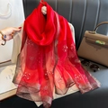 Elegant red clover shawl with beaded flower patterns and gold metallic trim - 70*196cm / Red