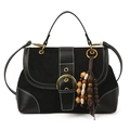 Bolso bandolera retro negro de patchwork en ante con borla de cuentas de madera - Negro (Sin Colgante)