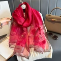 Elegant red faux silk scarf with golden floral embroidery and metallic gold edges - 74.8*27.5inch / Burgundy