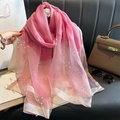 Pink silk scarf with clover pearl embellishments and floral beaded pattern for women - 70*196cm / Rose Red