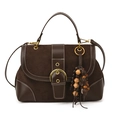 Bolso bandolera retro marrón oscuro de cuero patchwork con hebilla dorada redonda - Café (Sin colgante)