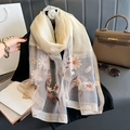 Elegant beige silk-like scarf with floral embroidery and shiny silver wired edges - 74.8*27.5inch / Beige
