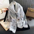 Light gray silk-like scarf featuring colorful floral embroidery and sheer texture - 90*192cm / Gray
