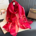 Elegant red silk-like scarf with floral embroidery and camellia accessory decoration - 90*192cm / Burgundy
