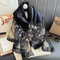 Elegant black embroidered floral scarf in breathable silk-like fabric for women - 90*192cm / Black