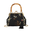 Elegante borsa nera in stile cinese con motivi di foglie di bambù dorate e manico in bambù - Nero (Motivo a Foglia di Bambù)