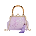 Elegante borsa qipao viola con manico in bambù e ricamo di bambù in seta lucida - Viola (Motivo a Foglia di Bambù)