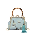 Borsa cheongsam azzurra con manico in bambù ed elegante ricamo a foglie di bambù - Blu (Motivo a Foglia di Bambù)
