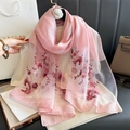 Elegant light pink sheer scarf featuring colorful floral embroidery and lightweight silk feel - 90*192cm / Pink