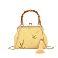 Yellow satin qipao handbag with bamboo handle, gold leaf patterns, and long tassels - Yellow (Bamboo Leaf Pattern)