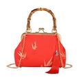 Elegant red silk qipao handbag with golden bamboo leaf patterns and bamboo handle - Red (Bamboo Leaf Pattern)