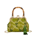 Elegant green qipao handbag with golden crane embroidery and natural bamboo handle - Green (Crane Pattern)