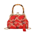 Elegant red Chinese style handbag with crane embroidery and vintage bamboo handle - Red (Crane Pattern)