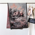 Artistic oil painting scarf with house print and tassels for a classic aesthetic look - Pink Grey (YH-126)