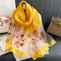 Elegant yellow embroidered flower scarf with sheer white patchwork and silk-like finish - 90*192cm / Yellow