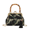 Elegant black cheongsam handbag featuring golden crane embroidery and bamboo handle - Black (Crane Pattern)