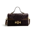 Brown snakeskin crossbody box bag with gold M-buckle for women shown on white background - Brown