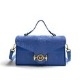 Blue snake skin patterned box handbag for women with golden ring clasp and top handle - Blue