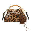 Vintage leopard print shell handbag with glossy finish, amber handle, and tassel detail - Brown