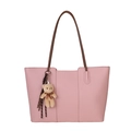 Pink lychee texture leather tote bag with brown straps and cute bear charm pendant - With Pendant / Pink