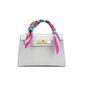 Silver mini trapezoid handbag with glitter texture and silk scarf wrapped on handle - Silver