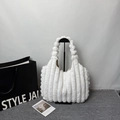Vertical striped faux fur tote bag in white with textured handle and soft plush finish - White