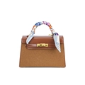 Brown patchwork handbag with scarf-wrapped handle and gold metallic hardware clasp - Brown