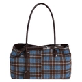 Vintage plaid wool tote bag with dark brown leather handles and large capacity - Blue