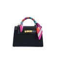 Matte black Kelly style handbag with colorful silk scarf handle wrap and gold hardware - Black