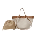 Grande borsa tote in tela beige con finiture in pelle marrone e pochette coordinata - Marrone