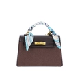 Classic brown stitching trapezoid handbag with gold lock and decorative blue silk scarf - Brown