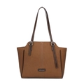 Vintage-Tragetasche aus braunem Canvas mit Ledergriffen und Kontrastnähten für Damen - Gelbbraun