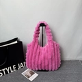Bright pink fuzzy tote bag with vertical striped faux fur and matching plush handle - Rose Red