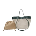Borsa tote in tela beige con bordo in pelle verde scuro e custodia interna con lacci - Verde
