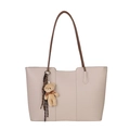 Beige large capacity tote bag with litchi pattern leather and brown bear charm - With Pendant / Off White