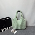 Light green faux fur tote bag with vertical stripes and ruched handle detail - Green