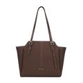 Borsa tote vintage marrone scuro in ecopelle con cuciture bianche e logo argentato - Marrone