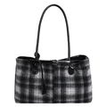 Retro black and white checkered tweed tote bag with black leather trim and top handles - Black