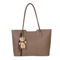Brown leather tote bag with a plush bear charm and ribbon for stylish daily commuting - With Pendant / Khaki